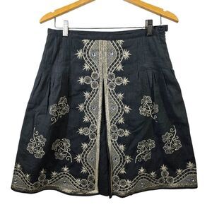 Anne Carson Black and Gold Embroidered A-Line Skirt